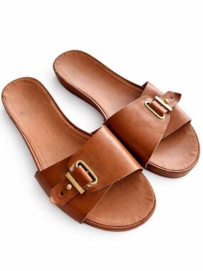 Saks Fifth Avenue Leather Slide Sandals Brown Gold Buckle Comfort 9.5